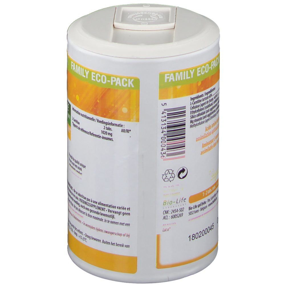 Rückseite der Dose. Aufschrift: L-Carnitine, Inhaltsstoffe, Barcode, Recycling-Symbol. Herstellerinformationen.