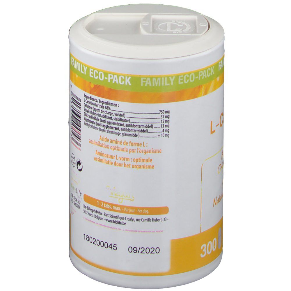 Rückseite der Dose. Aufschrift: Inhaltsstoffe, Aminosäure, optimale Assimilation. Mindesthaltbarkeitsdatum: 09/2020. 300 Kapseln.