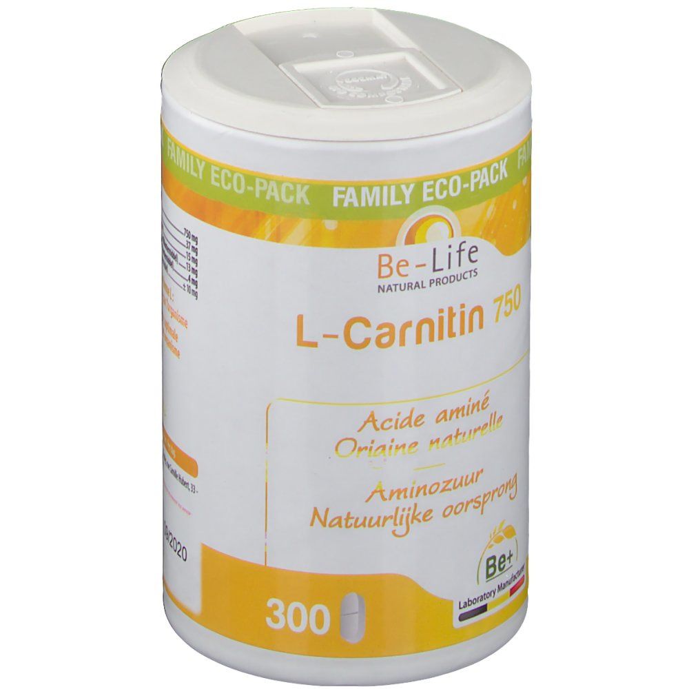 Zylindrische Dose mit weißem Deckel. Aufschrift: Be-Life L-Carnitine 750. Gelber Hintergrund. 300 Kapseln.