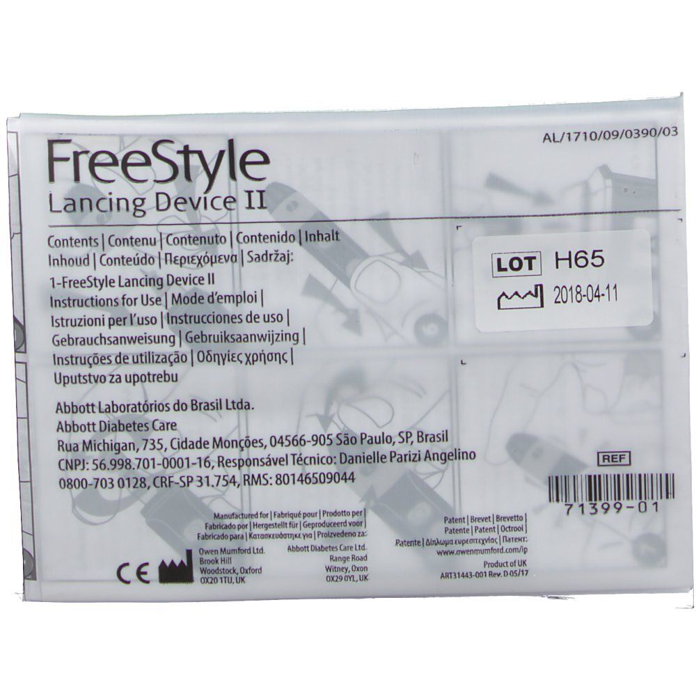 Rückseite der Verpackung von Freestyle Lancing Device II. Text, Chargennummer, Ablaufdatum und Herstellerinformationen.