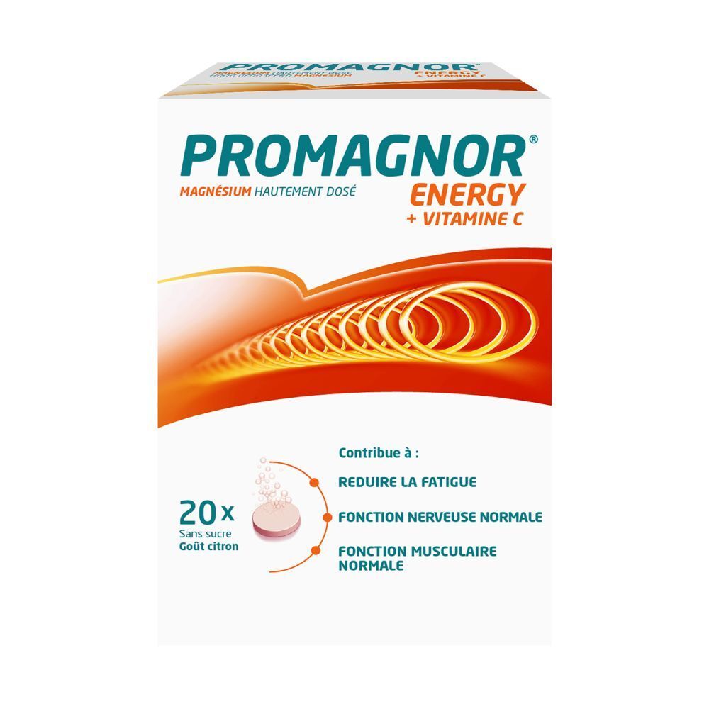 Boîte de Promagnor Energy, 20 comprimés. Magnésium et vitamine C. Goût citron.