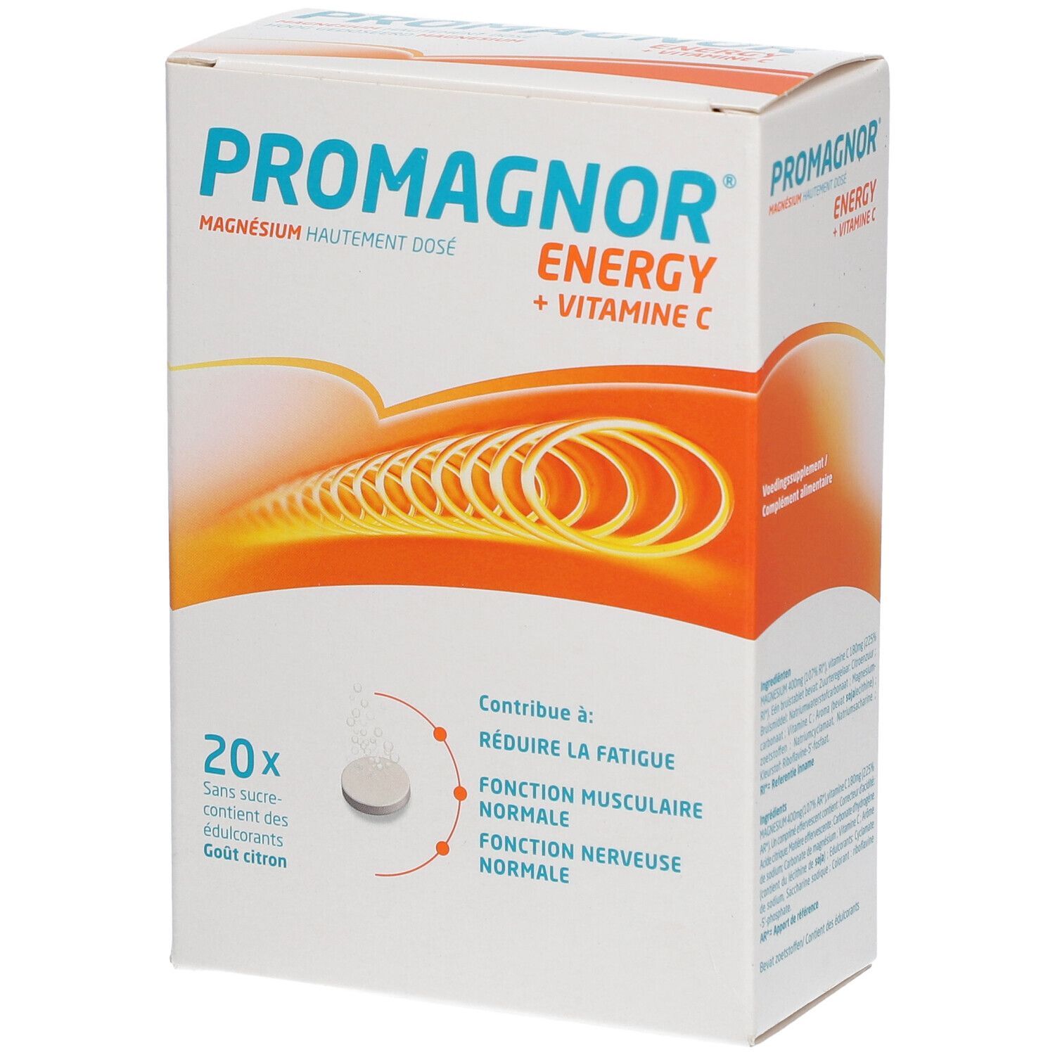 Promagnor Energy Packung. Enthält 20 Tabletten. Magnesium und Vitamin C. Zitrone Geschmack.