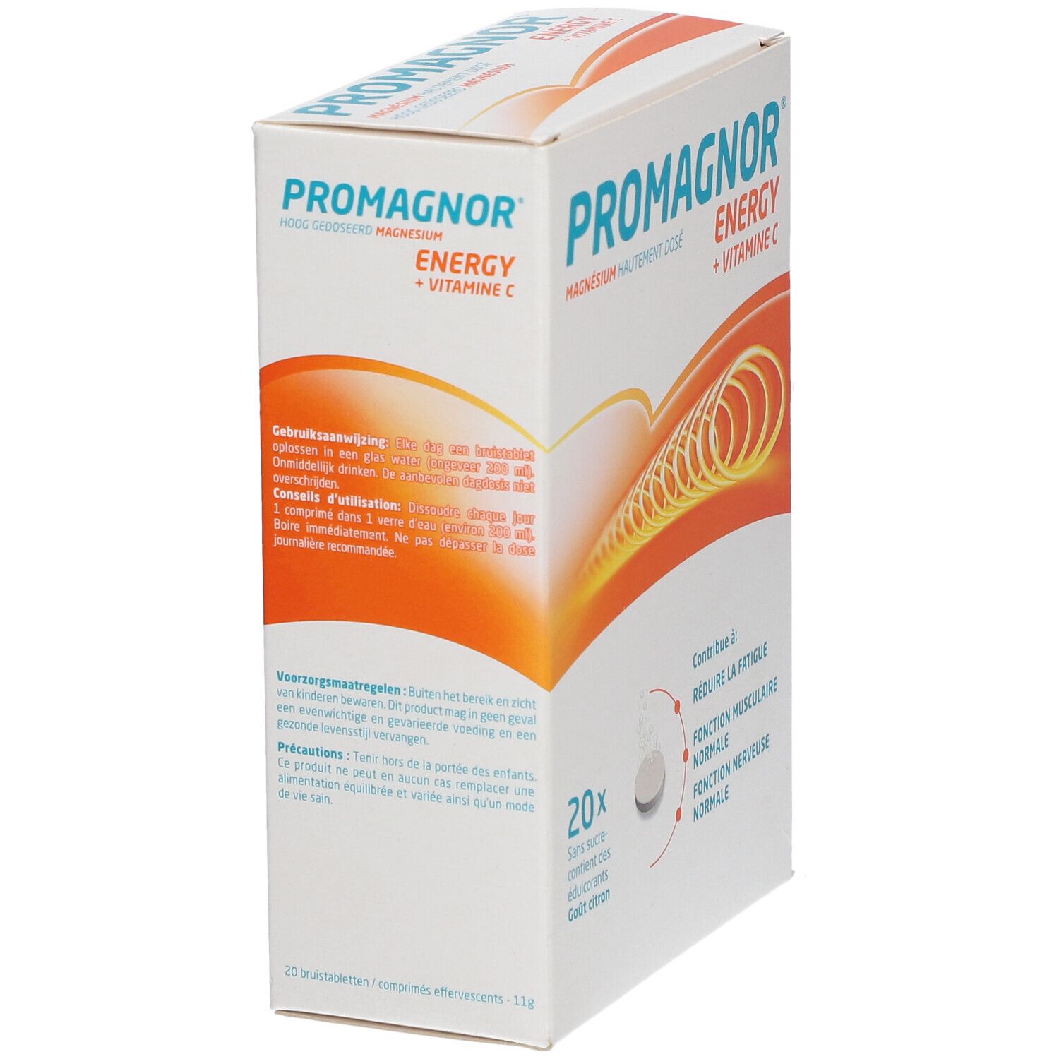 Promagnor Energy Packung. Enthält 20 Tabletten. Magnesium und Vitamin C. Zitrone Geschmack.