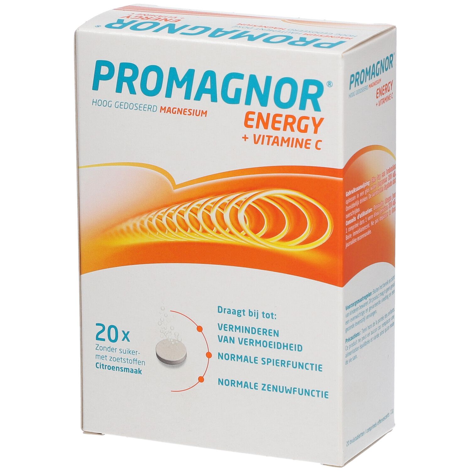 Promagnor Energy Packung. Enthält 20 Tabletten. Magnesium und Vitamin C. Zitrone Geschmack.