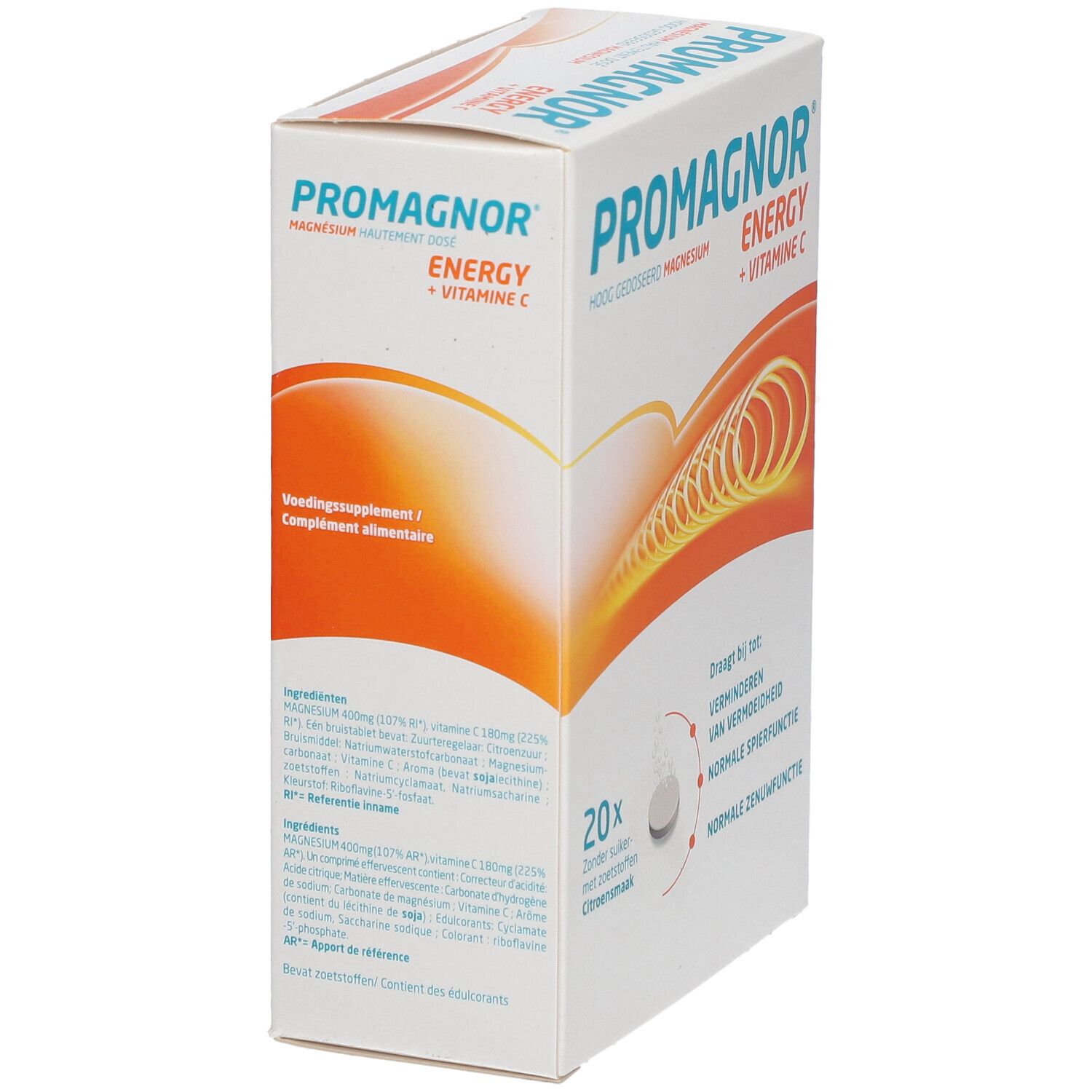 Promagnor Energy Packung. Enthält 20 Tabletten. Magnesium und Vitamin C. Zitrone Geschmack.