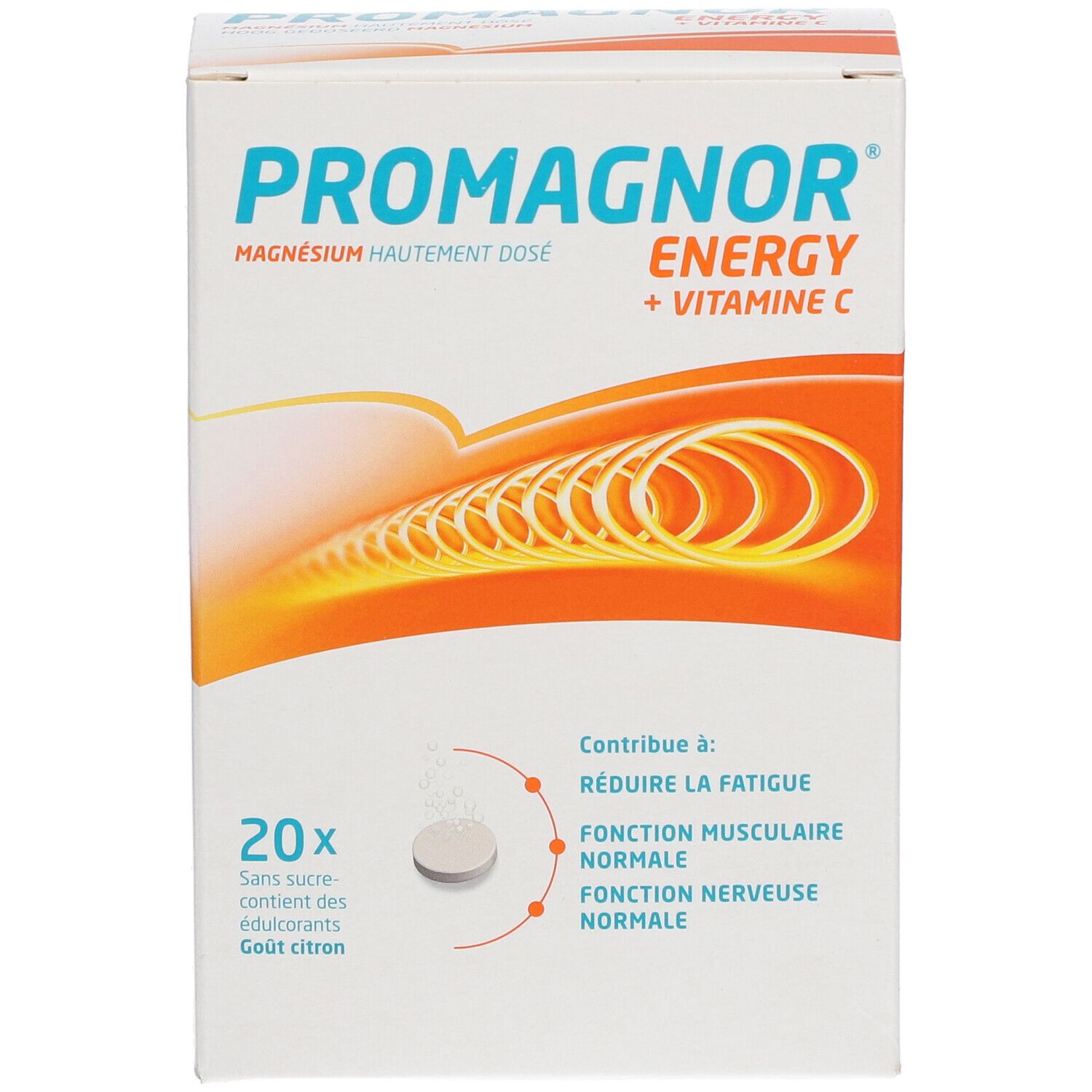 Promagnor Energy Packung. Enthält 20 Tabletten. Magnesium und Vitamin C. Zitrone Geschmack.