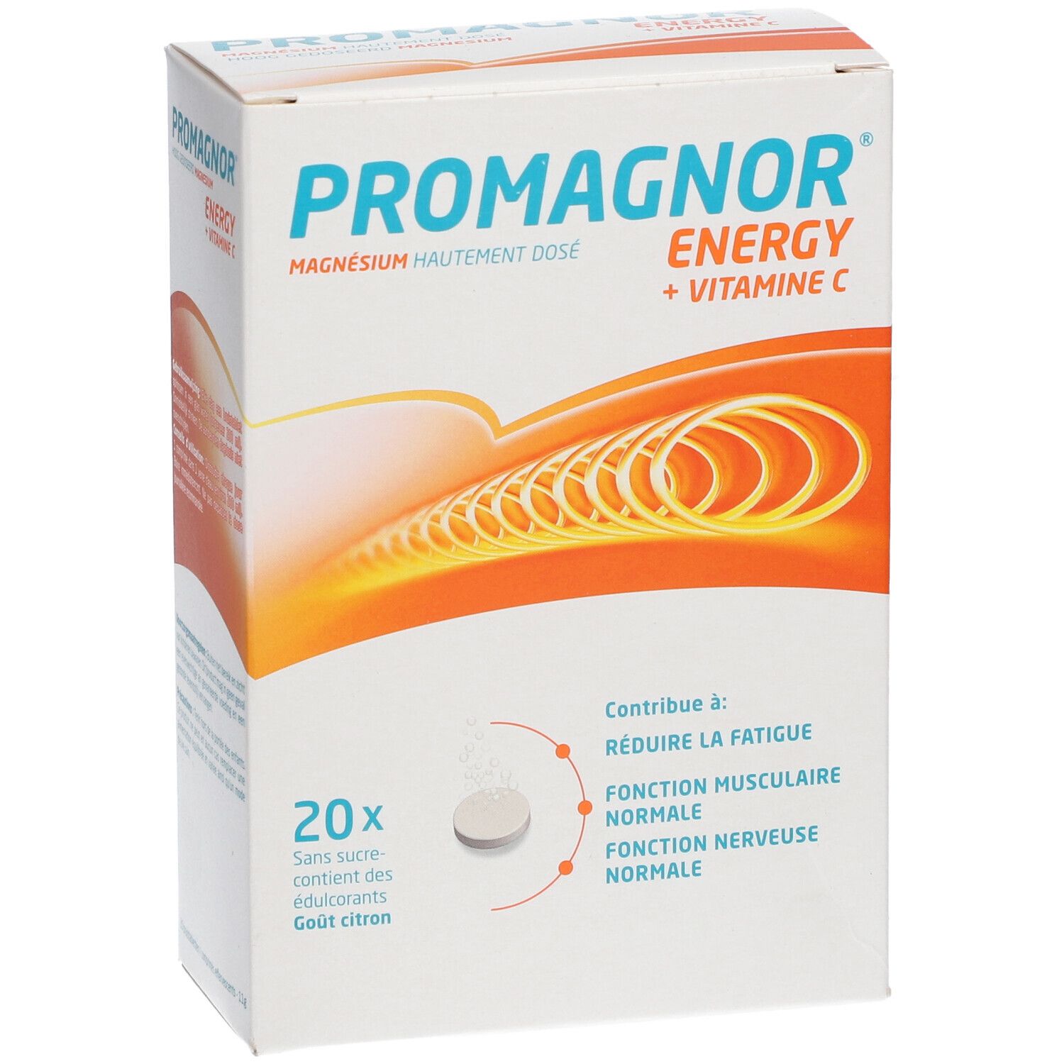 Promagnor Energy Packung. Enthält 20 Tabletten. Magnesium und Vitamin C. Zitrone Geschmack.