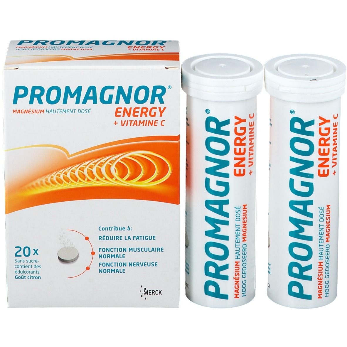 Promagnor Energy Packung und zwei Tuben. Magnesium und Vitamin C. Brausetabletten.
