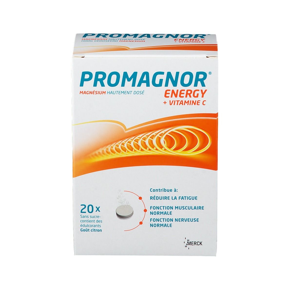 Promagnor Energy Packung. Enthält 20 Tabletten. Magnesium und Vitamin C. Zitrone Geschmack.