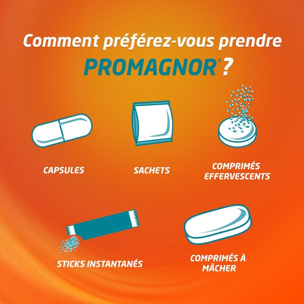 Différentes formes de Promagnor: gélules, sachets, comprimés effervescents, sticks, comprimés à mâcher.
