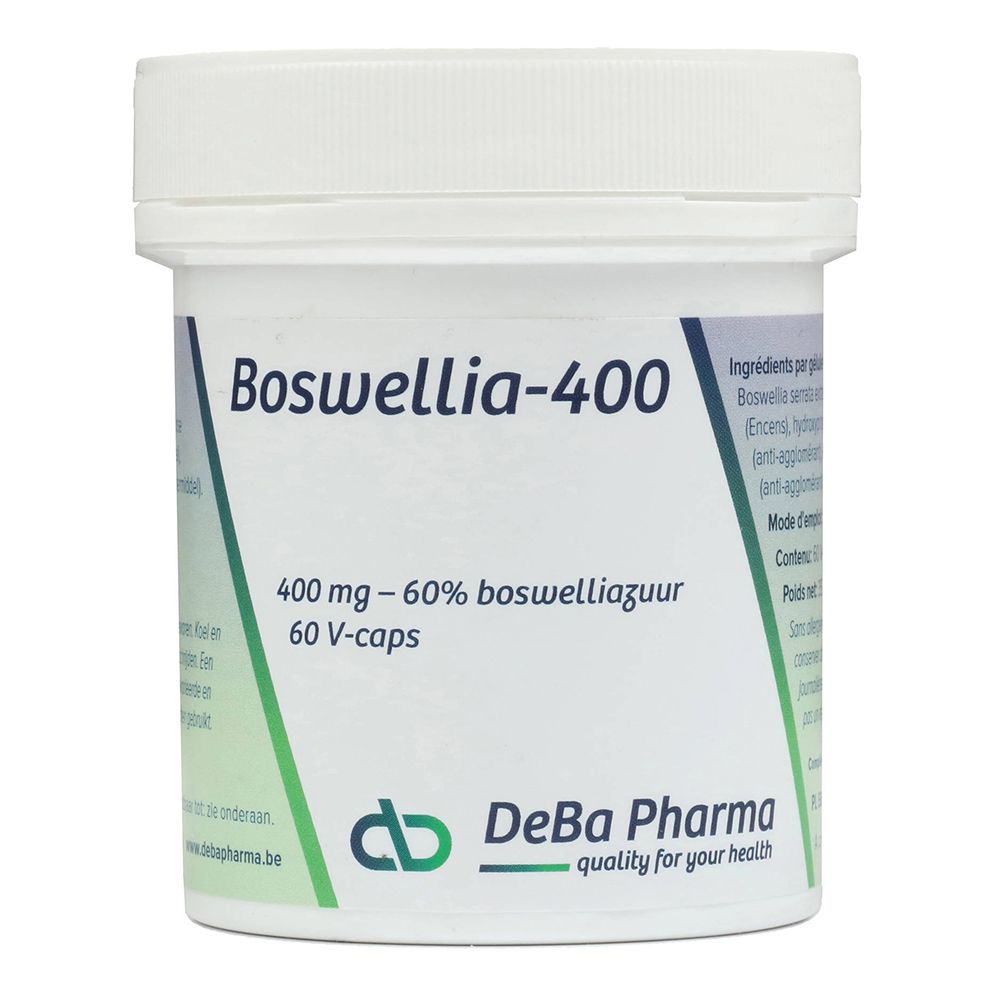 Weiße Dose mit Deckel. Aufschrift: Boswellia-400, 400 mg, 60% Boswelliasäure, 60 V-Caps. Logo DeBa Pharma.