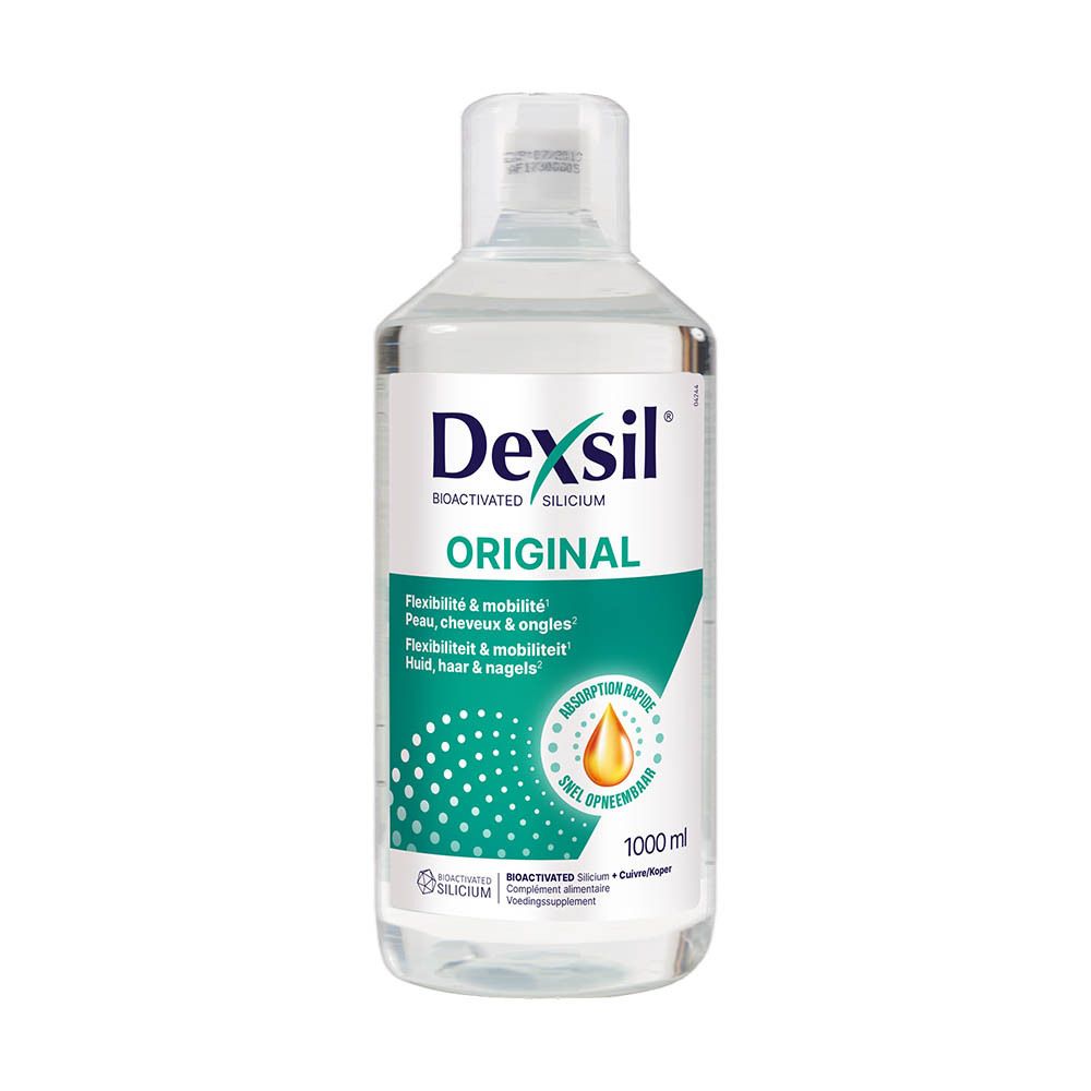 Bouteille Dexsil Original. Liquide clair. Étiquette verte et blanche avec nom du produit et indications de flexibilité.