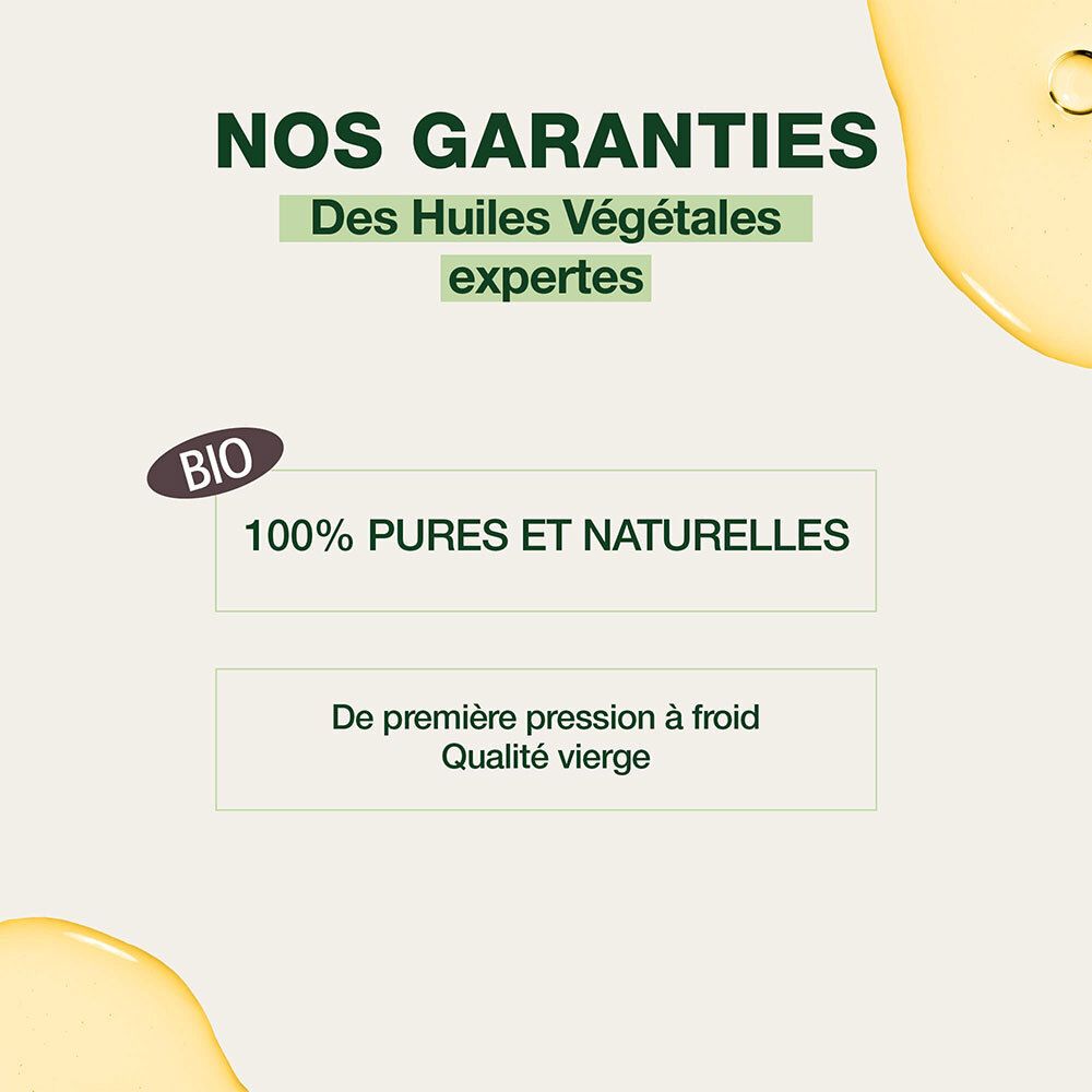 Texte avec informations. Label bio, 100% pur et naturel, première pression à froid.