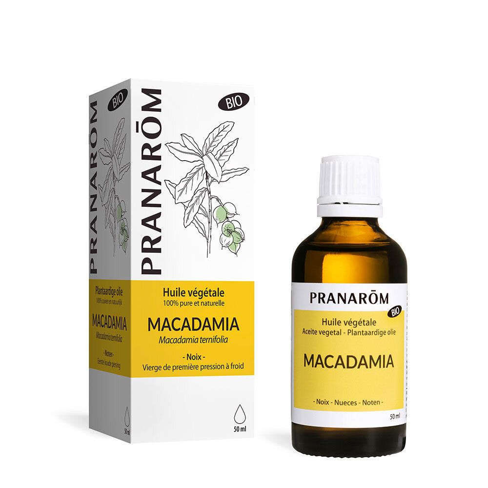 Karton und Flasche mit gelbem Etikett. Aufschrift: Pranarôm, Macadamia Öl, Bio.