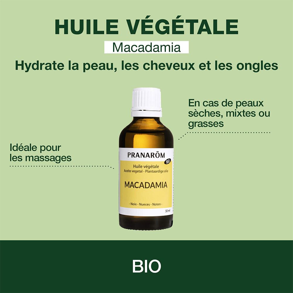 Flasche mit gelbem Etikett. Aufschrift: Pranarôm, Macadamia Öl, Bio. Text: Hydratisiert Haut, Haare, Nägel.