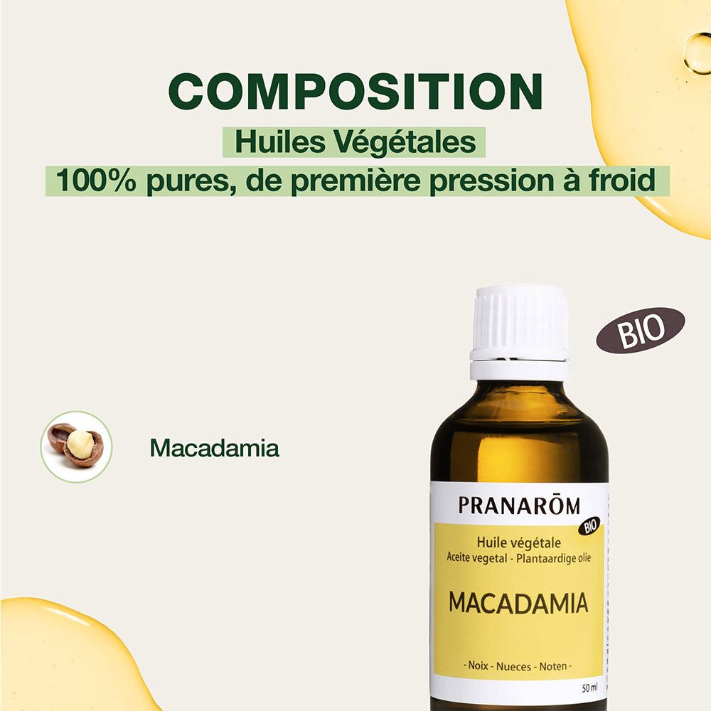 Flasche mit gelbem Etikett. Aufschrift: Pranarôm, Macadamia Öl, Bio. Text: 100% rein, kaltgepresst.