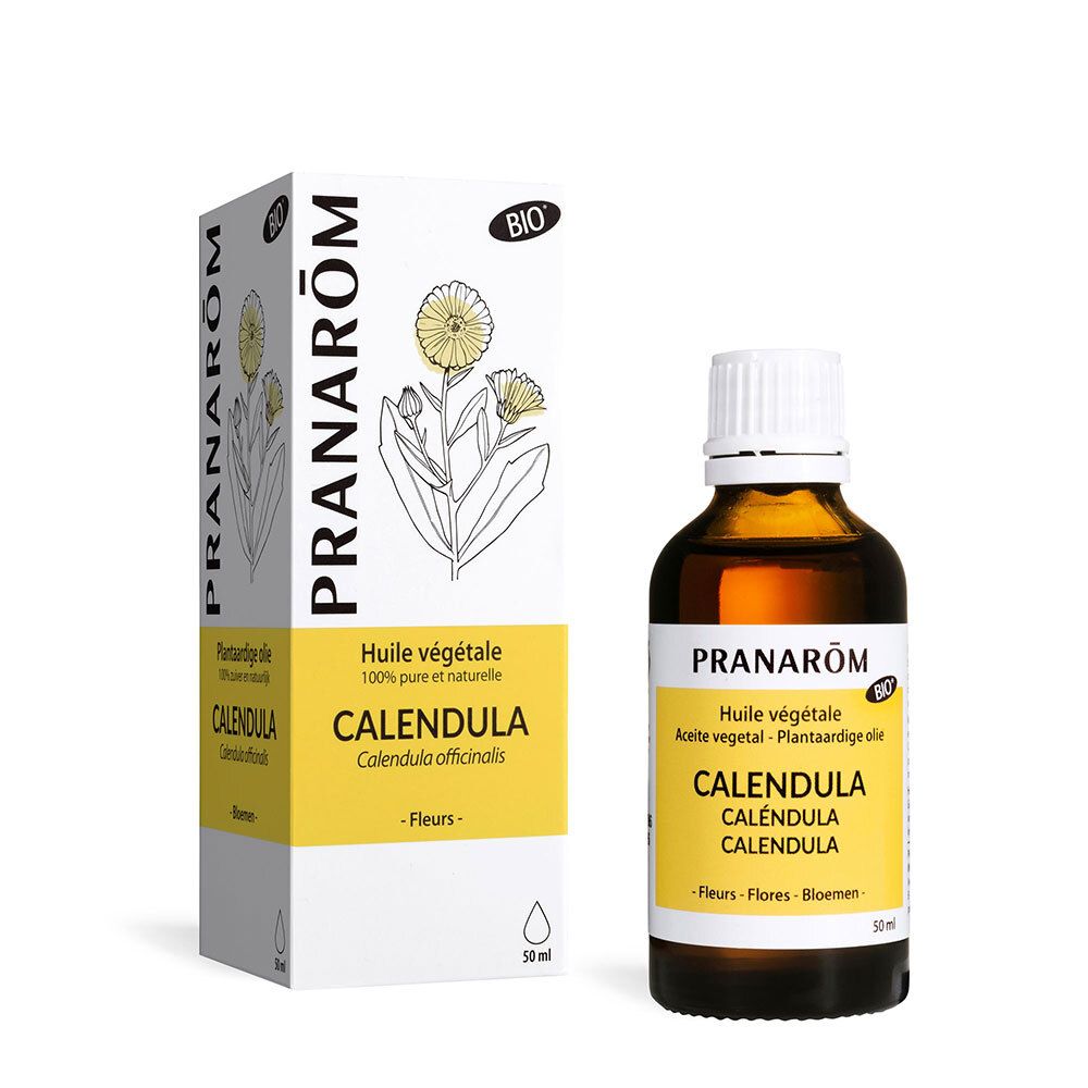Braune Glasflasche und Karton. Aufschrift: Pranarôm Calendula. Bio-Zertifizierung. 50 ml.