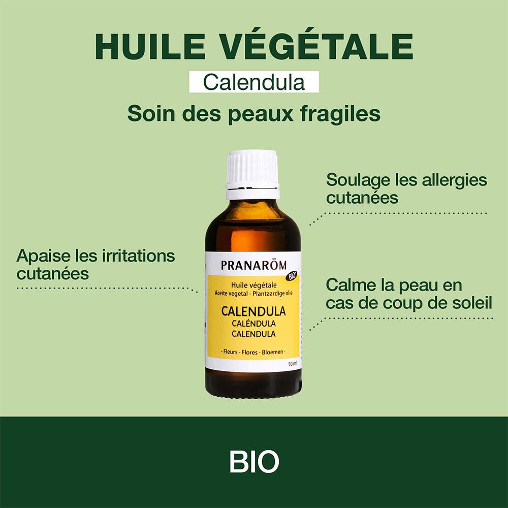 Produktflasche mit Text. Text: Huile Végétale Calendula. Für empfindliche Haut. Bio-Siegel.