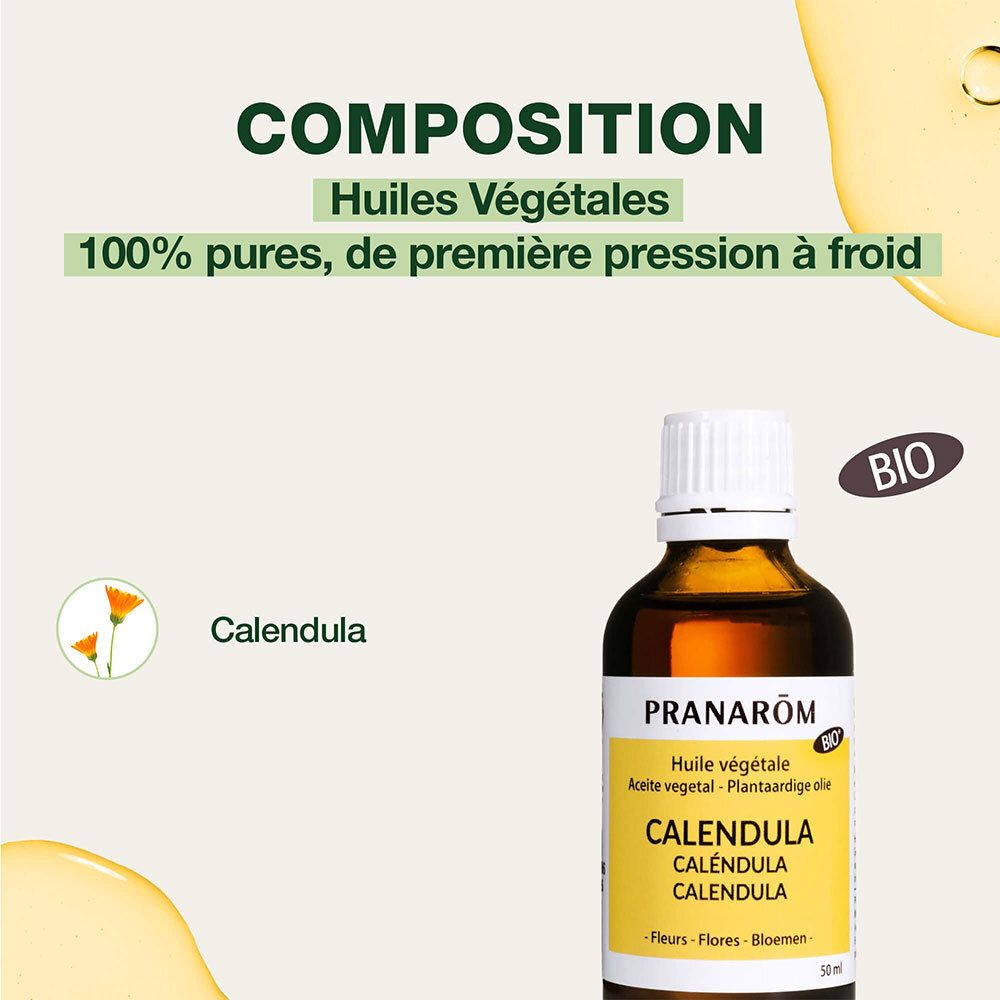 Produktflasche mit Text. Text: Huiles Végétales. 100% rein, kaltgepresst. Bio-Siegel.