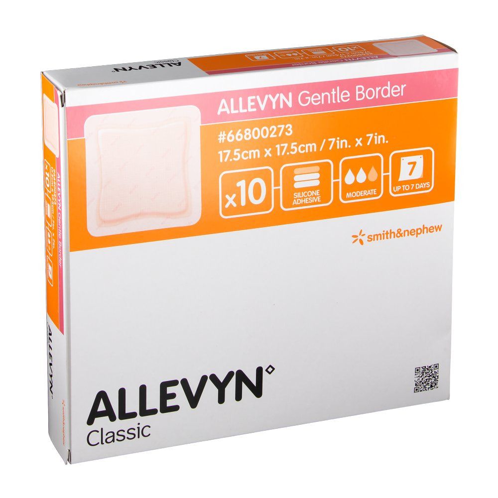 Verpackung von Allevyn Gentle Border Wundverband. Zeigt Produkt, Größe 17,5cm x 17,5cm, x10. Mit Logos und Produktinformationen.