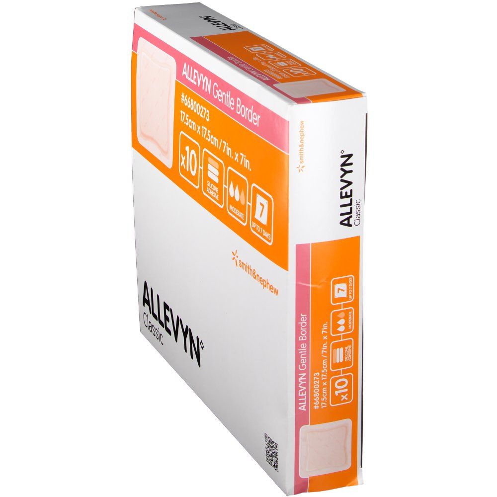 Schrägansicht der Allevyn Gentle Border Verpackung. Zeigt Produktinformationen, Größe 17,5cm x 17,5cm, und Logos.