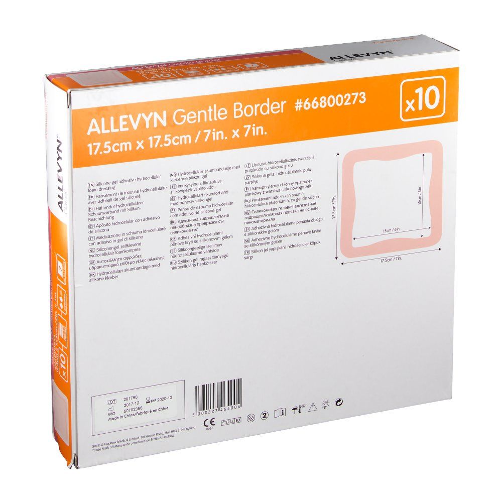 Rückseite der Allevyn Gentle Border Verpackung. Zeigt Produktinformationen, Größenangaben und Piktogramme.