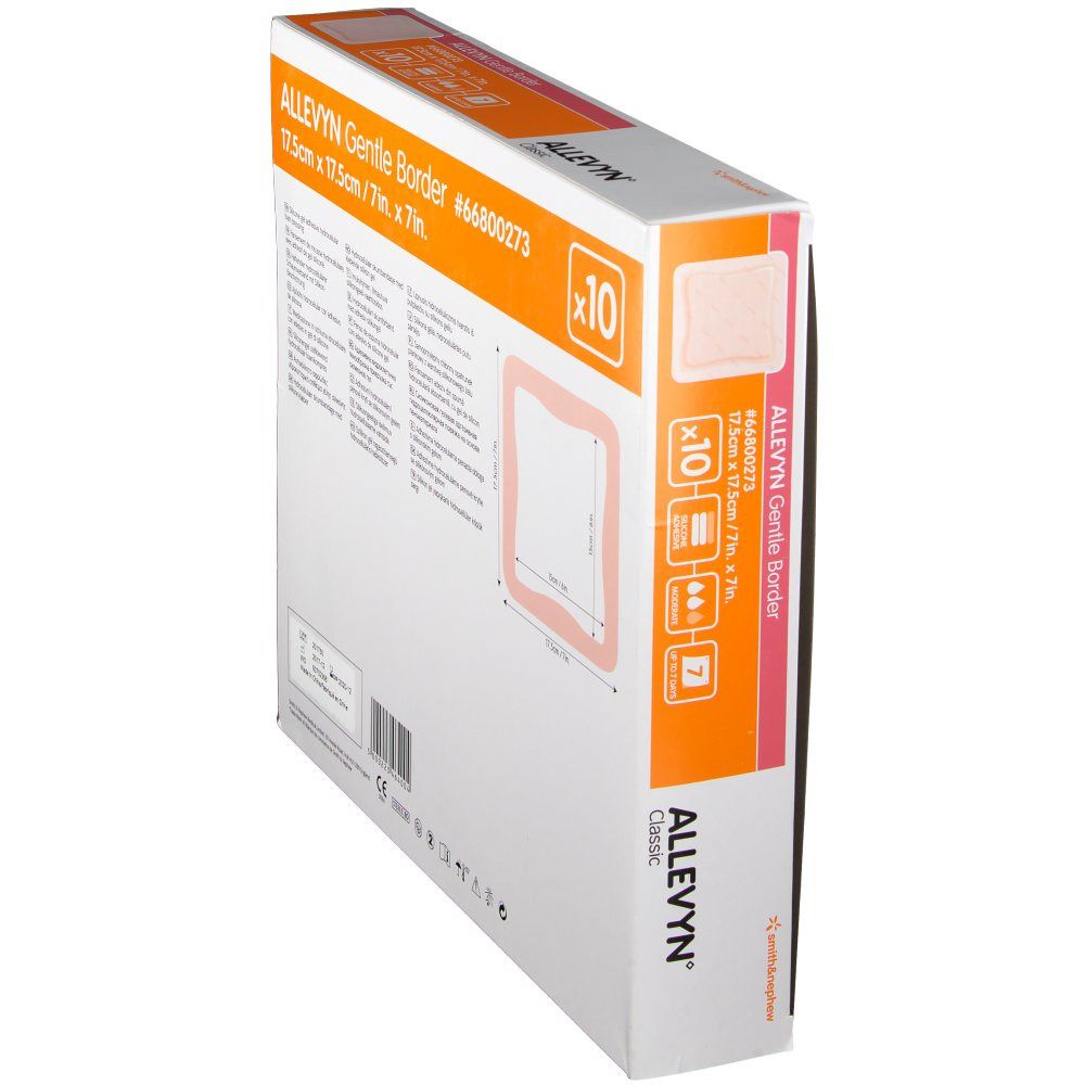 Schrägansicht der Rückseite der Allevyn Gentle Border Verpackung. Zeigt Produktinformationen und Größenangaben.