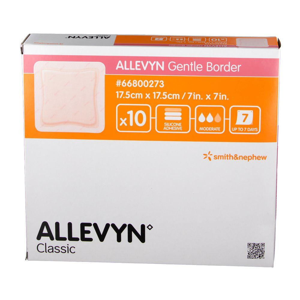 Vorderansicht der Allevyn Gentle Border Verpackung. Zeigt Produkt, Größe 17,5cm x 17,5cm, x10, Logos und Produktinformationen.