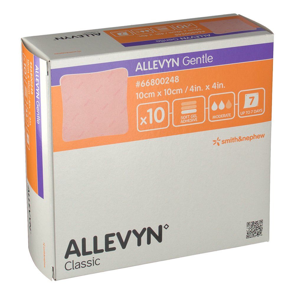 Verpackung von ALLEVYN Gentle Schaumverband. Zehn Verbände, 10x10cm. Weich, selbsthaftend. Bis zu 7 Tage. Marke: smith & nephew.