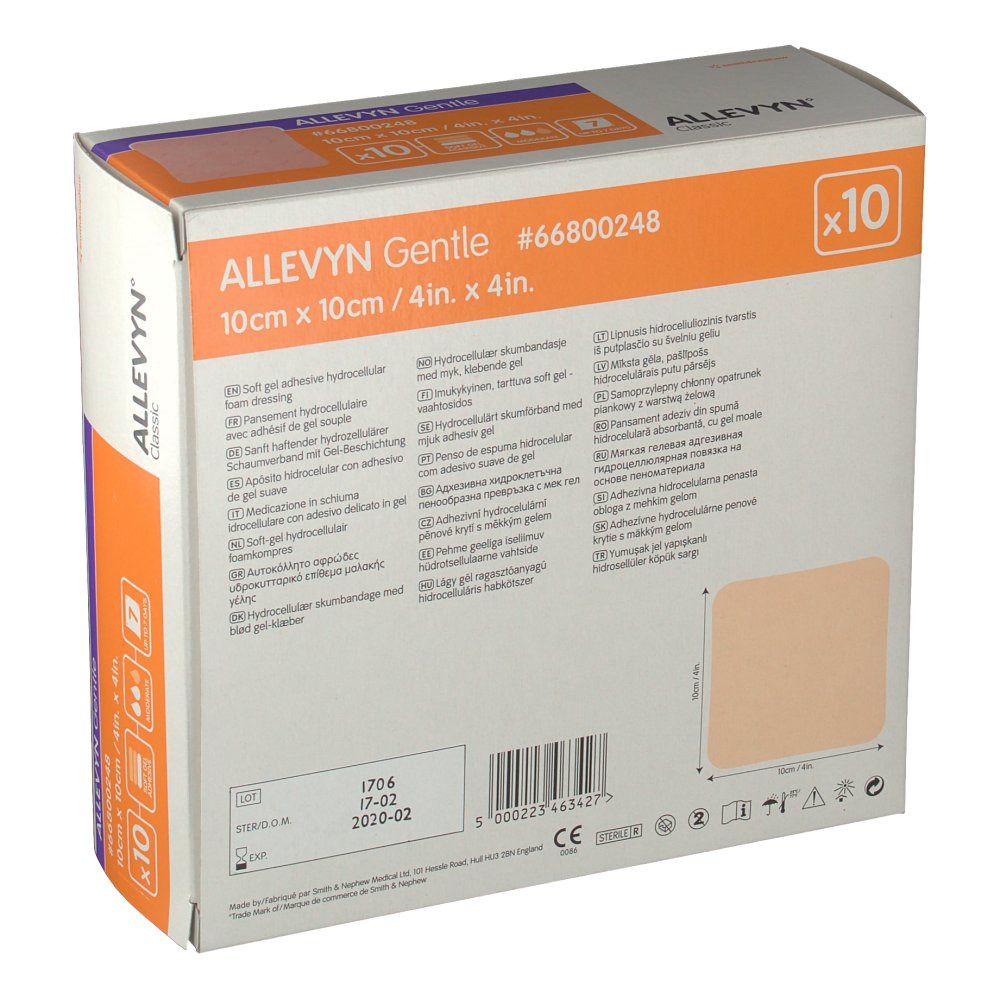 Rückseite der ALLEVYN Gentle Verpackung. Zehn Verbände, 10x10cm. Weich, selbsthaftend. Bis zu 7 Tage. Marke: smith & nephew.