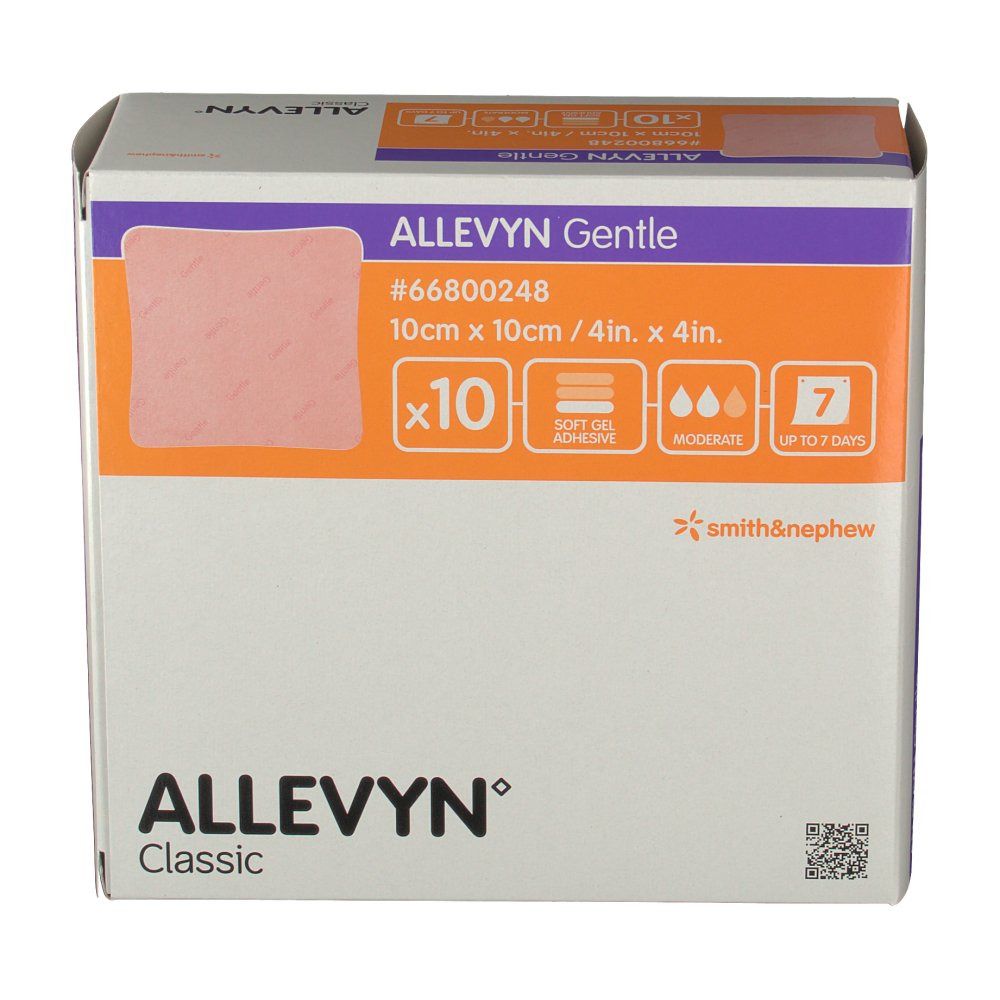 ALLEVYN Gentle Verpackung. Zehn Verbände, 10x10cm. Weich, selbsthaftend. Bis zu 7 Tage. Marke: smith & nephew.