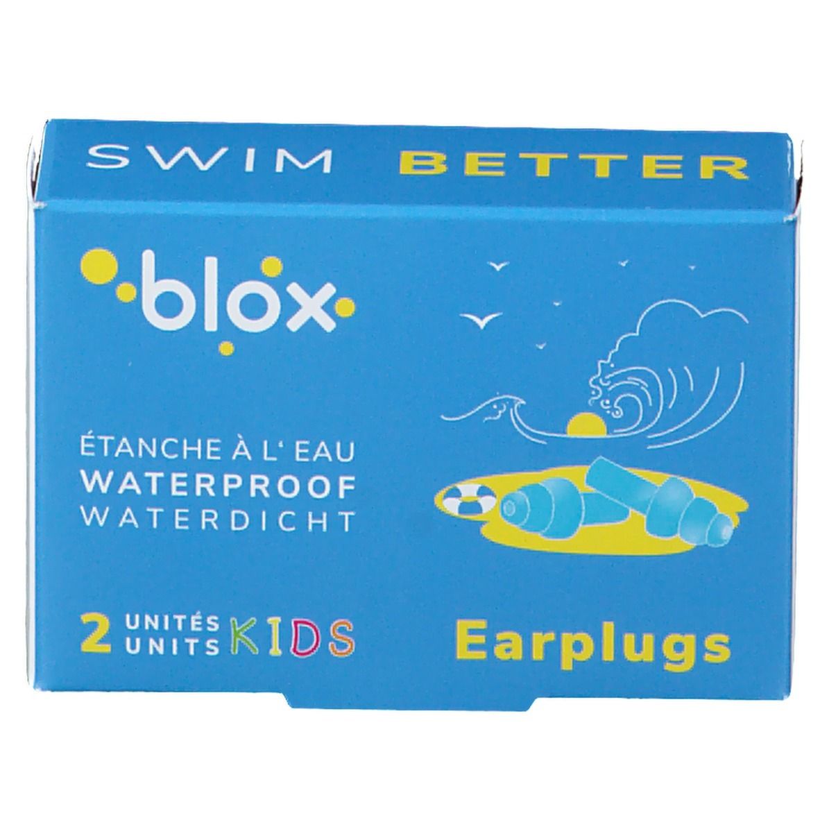 Blau-gelbe Verpackung mit Ohrstöpseln. Aufschrift: blox, SWIM BETTER, wasserdicht, 2 Stück, KIDS, Ohrstöpsel.