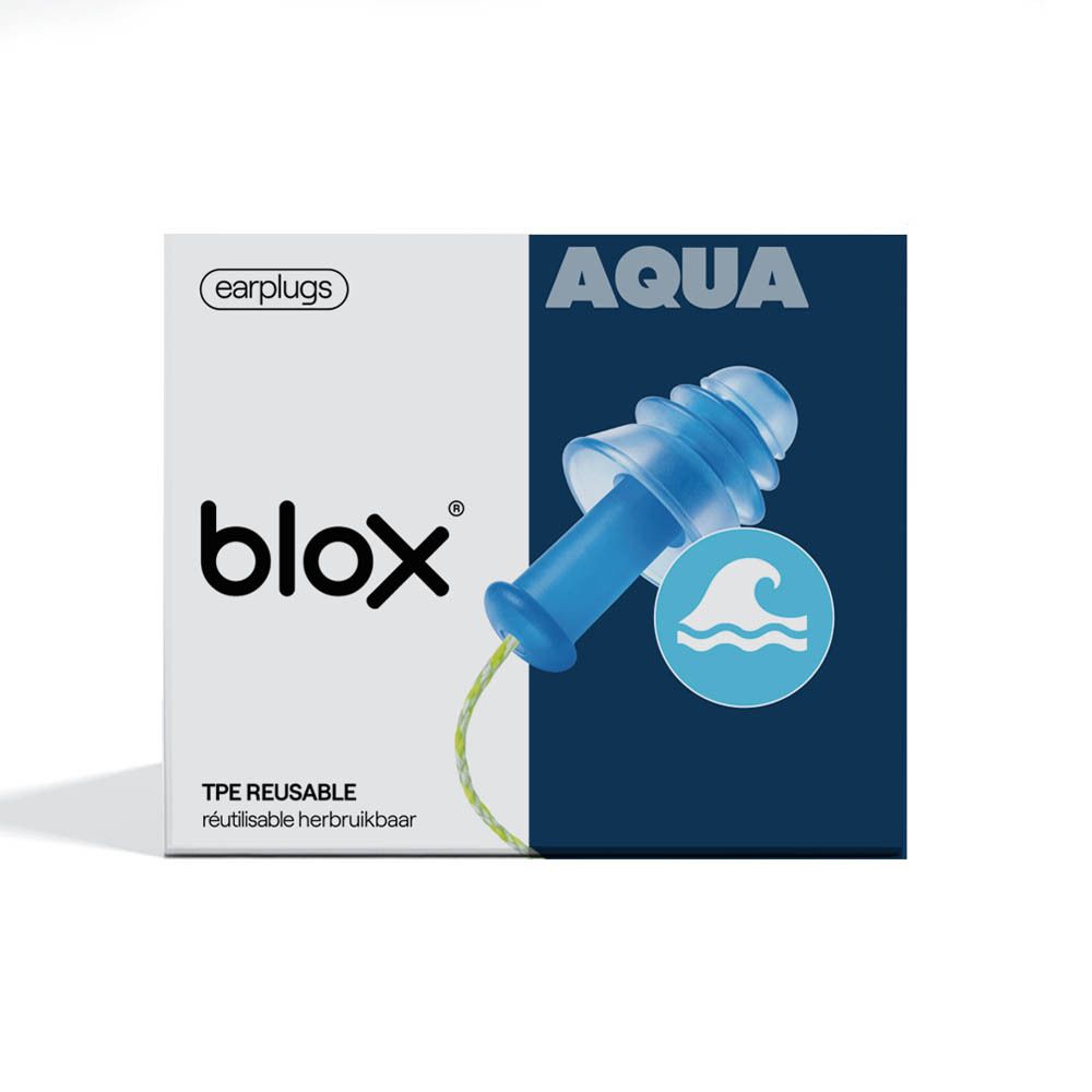 Emballage Blox Aqua bouchons d'oreilles avec un bouchon bleu et symbole de vague.