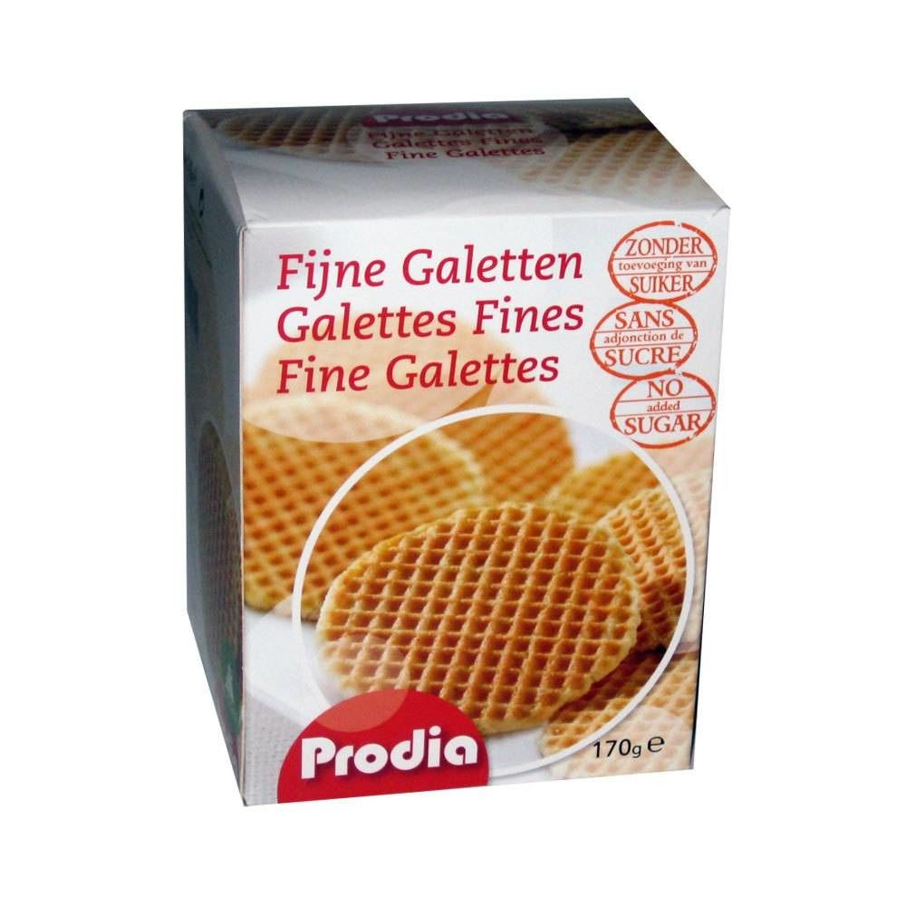 Verpackung mit Galettes Fines. Aufschrift: Prodia, Fijn Galetten, ohne Zucker. Gezeigt sind Waffeln.