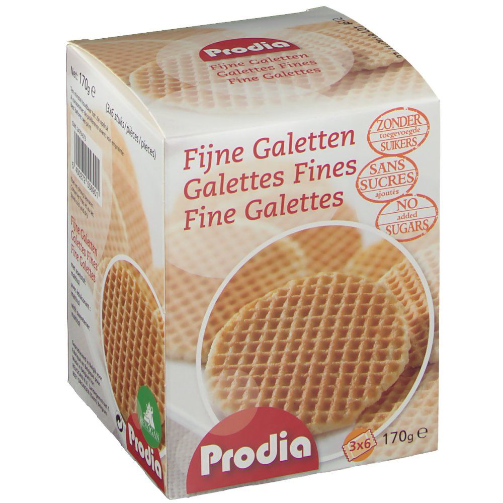 Verpackung mit Galettes Fines. Aufschrift: Prodia, Fijn Galetten, ohne Zucker. Gezeigt sind Waffeln.