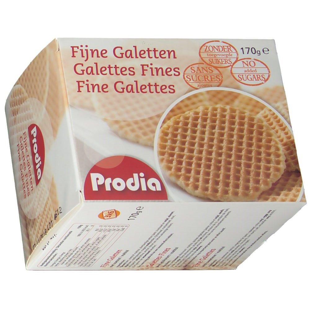 Verpackung mit Galettes Fines. Aufschrift: Prodia, Fijn Galetten, ohne Zucker. Gezeigt sind Waffeln.
