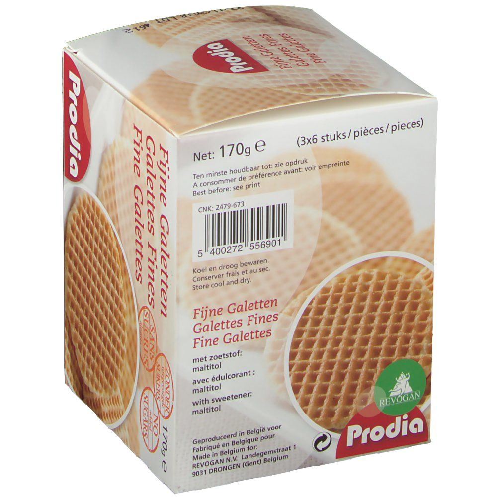 Verpackung mit Galettes Fines. Aufschrift: Prodia, Fijn Galetten. Enthält Maltitol. Gezeigt sind Waffeln.