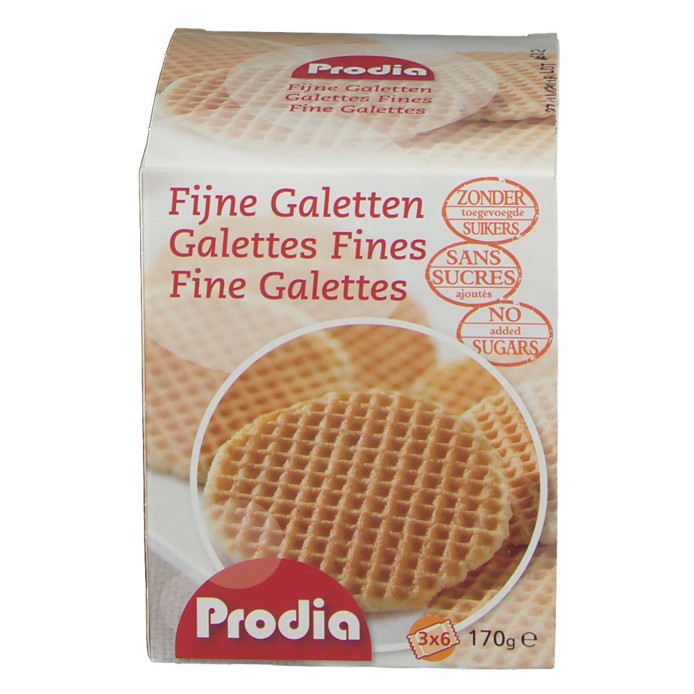 Verpackung mit Galettes Fines. Aufschrift: Prodia, Fijn Galetten, ohne Zucker. Gezeigt sind Waffeln.