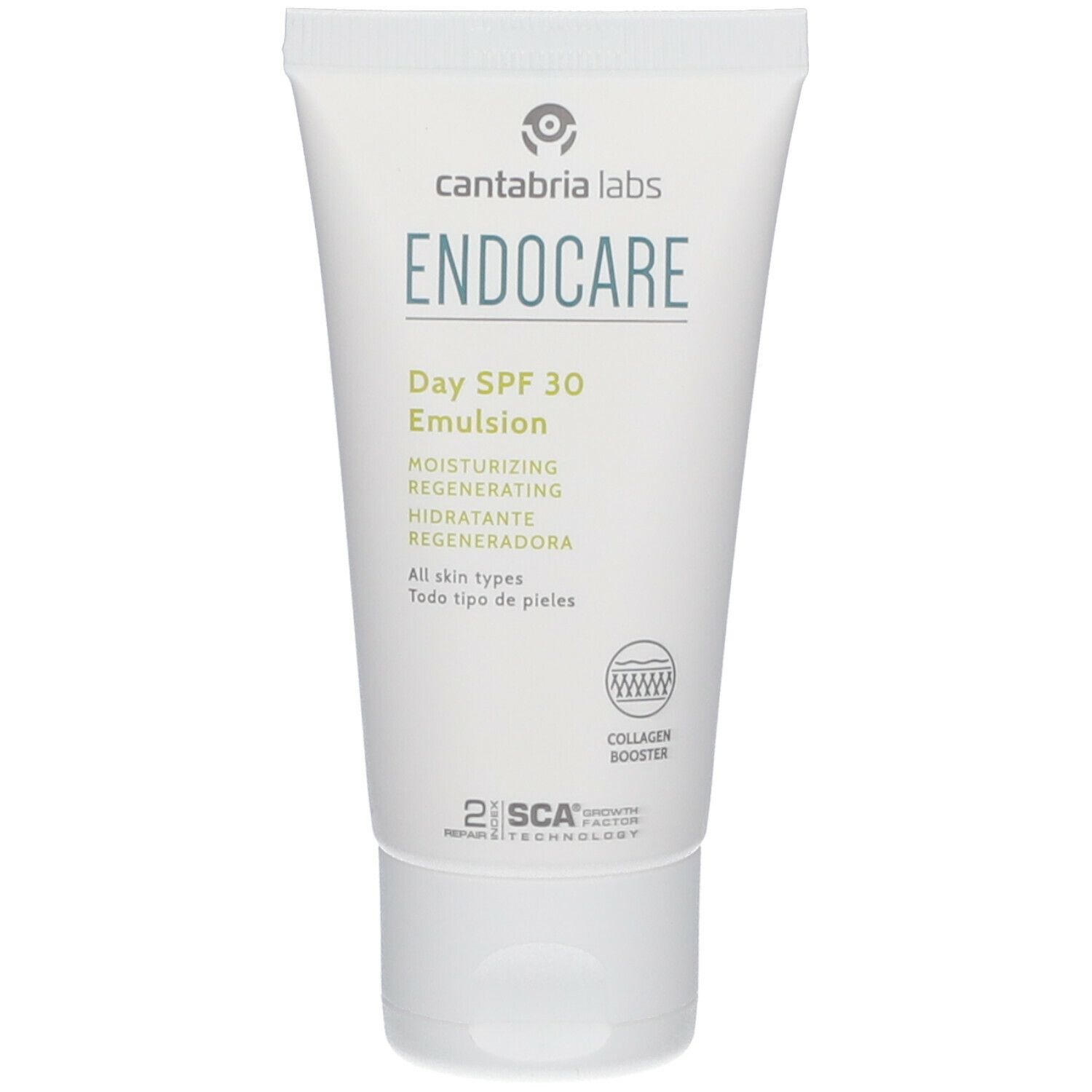 Weiße Tube mit grünem Text: ENDOCARE Day SPF 30 Emulsion. Enthält Collagen Booster und SCA 2. Für alle Hauttypen.