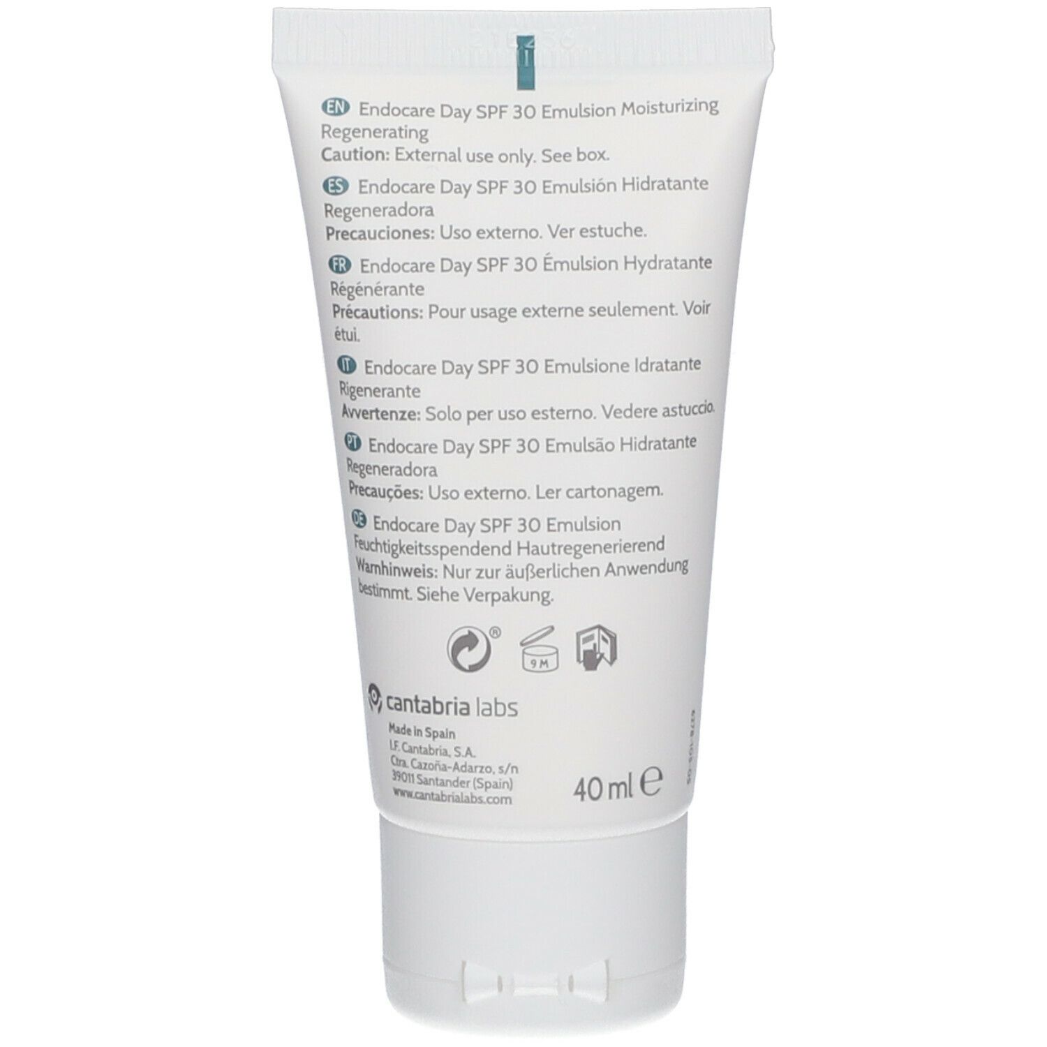 Rückseite einer weißen Tube. Text in mehreren Sprachen: ENDOCARE Day SPF 30 Emulsion. 40 ml. Hersteller: Cantabria Labs.