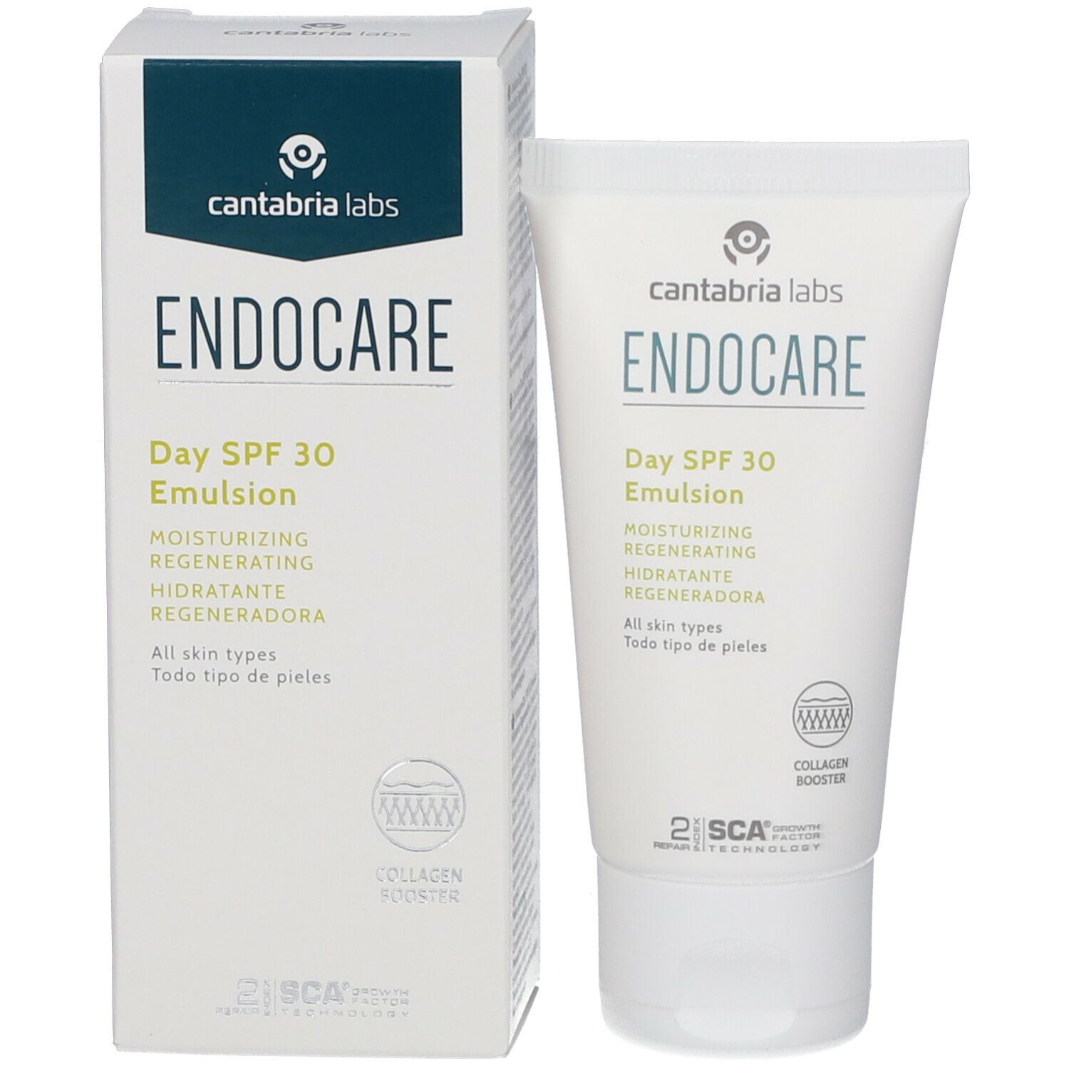 Produktverpackung: Tube und Karton. Tube: ENDOCARE Day SPF 30 Emulsion. Karton: ENDOCARE. Collagen Booster und SCA 2.