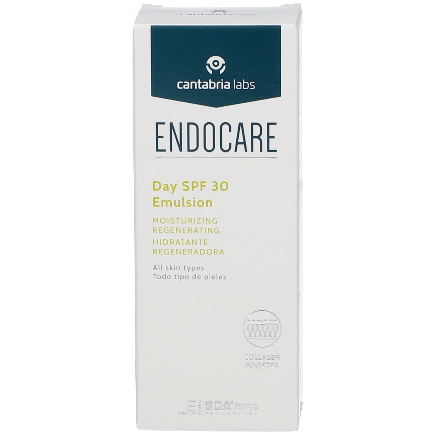 Weiße Produktverpackung. Text: ENDOCARE Day SPF 30 Emulsion. Für alle Hauttypen. Collagen Booster und SCA 2.