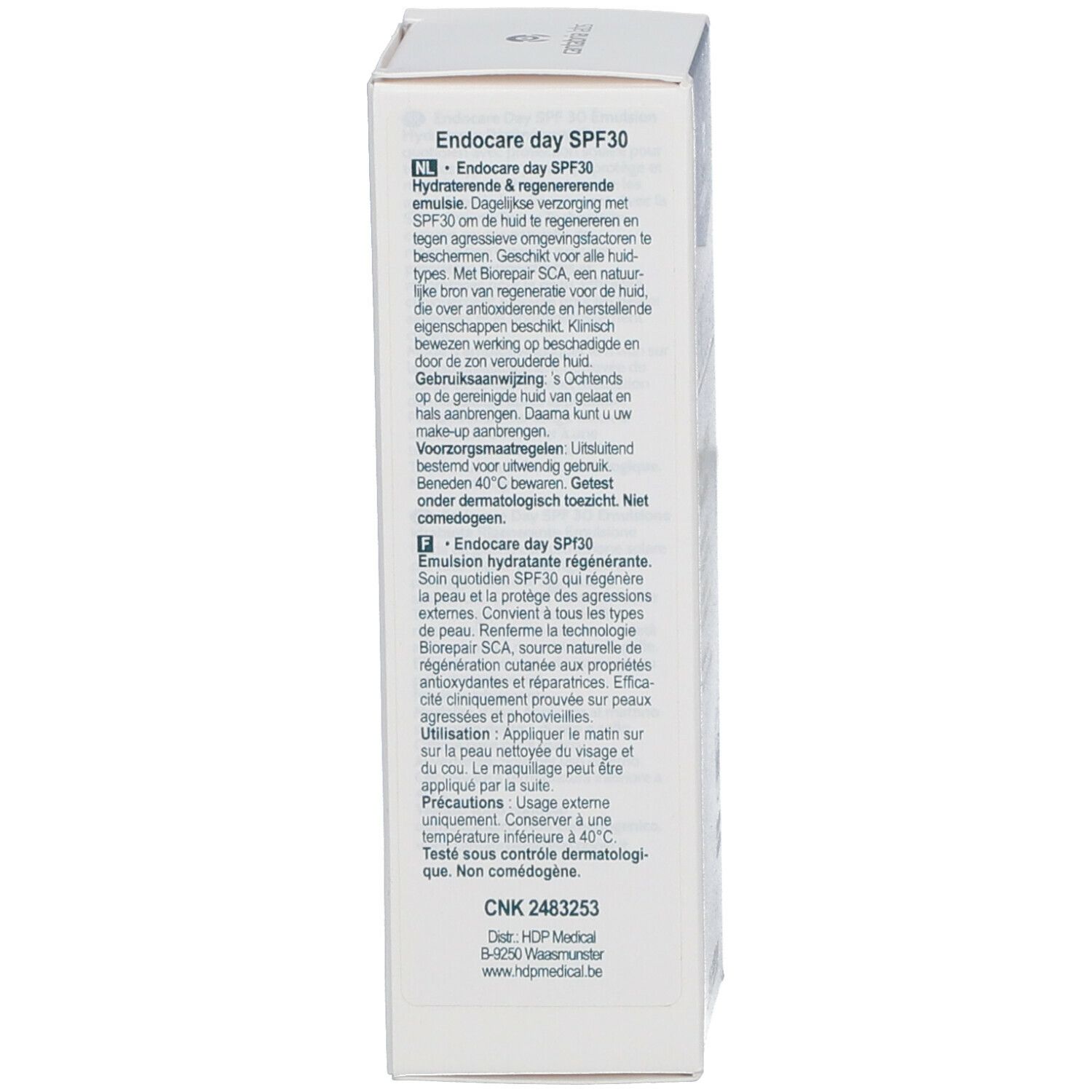 Rückseite der Produktverpackung. Text in Niederländisch und Französisch: ENDOCARE Day SPF30 Emulsion. Gebrauchsanweisung.