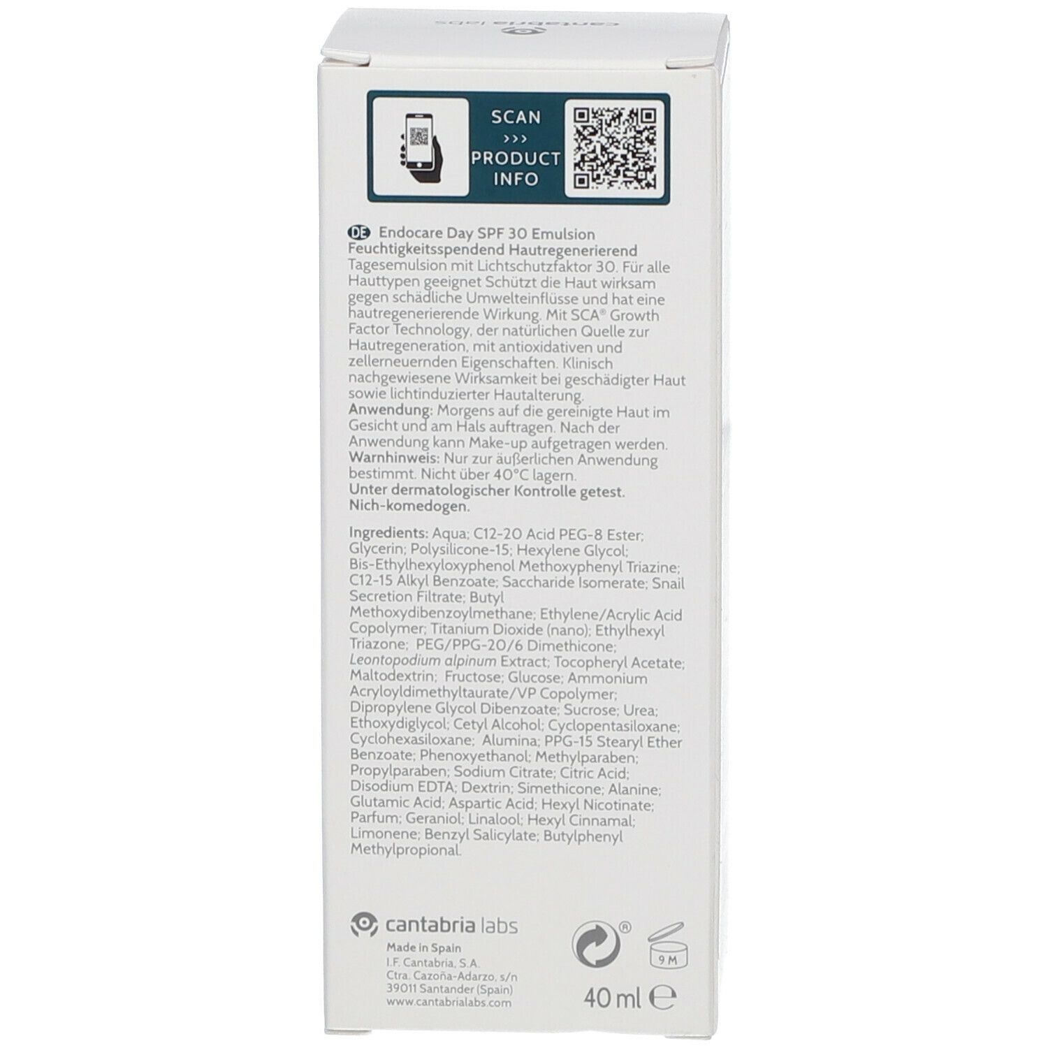 Rückseite der Produktverpackung. Text in mehreren Sprachen: ENDOCARE Day SPF30 Emulsion. Inhaltsstoffe, Herstellerinformationen.