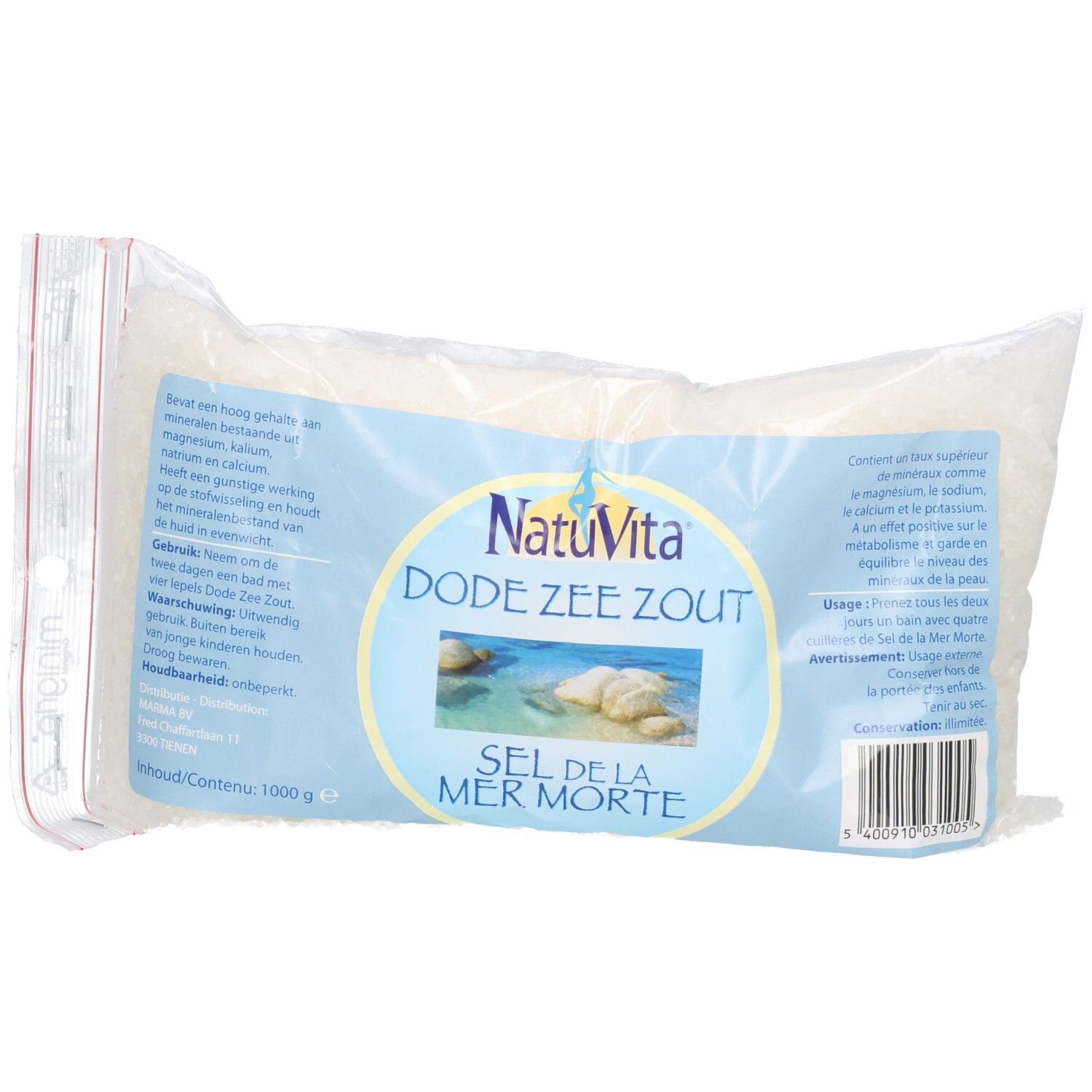 Natuvita Totes Meer Salz, 1000g Beutel mit klarem Etikett und Meeresbild.