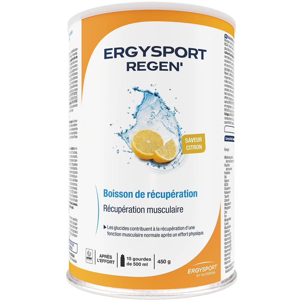 Boîte cylindrique avec couvercle blanc. Inscription: ERGYSPORT REGEN', goût citron. Illustration: citron et eau.