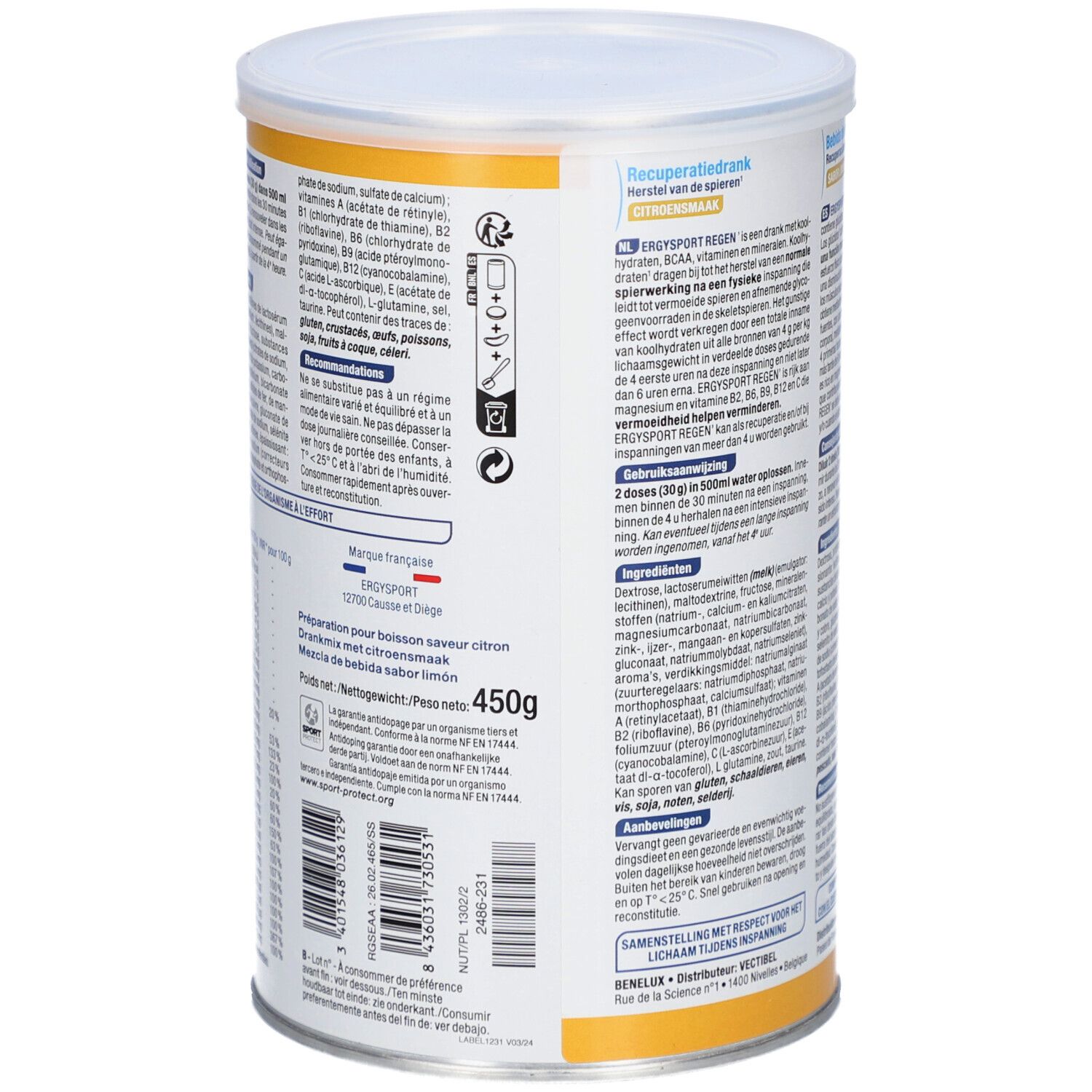 Rückseite der Dose. Text in mehreren Sprachen. Enthält Informationen zu Inhaltsstoffen und Gebrauchsanweisung.