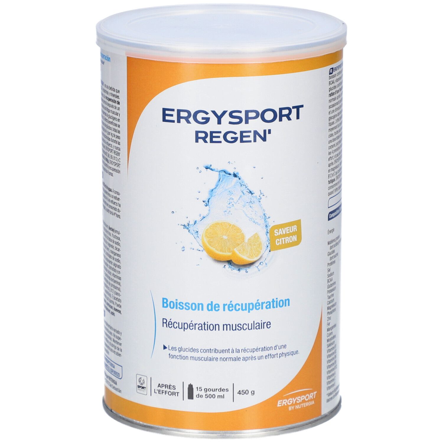 Zylindrische Dose mit weißem Deckel. Aufschrift: ERGYSPORT REGEN', Zitrone-Geschmack. Abbildung: Zitrone und Wasser.