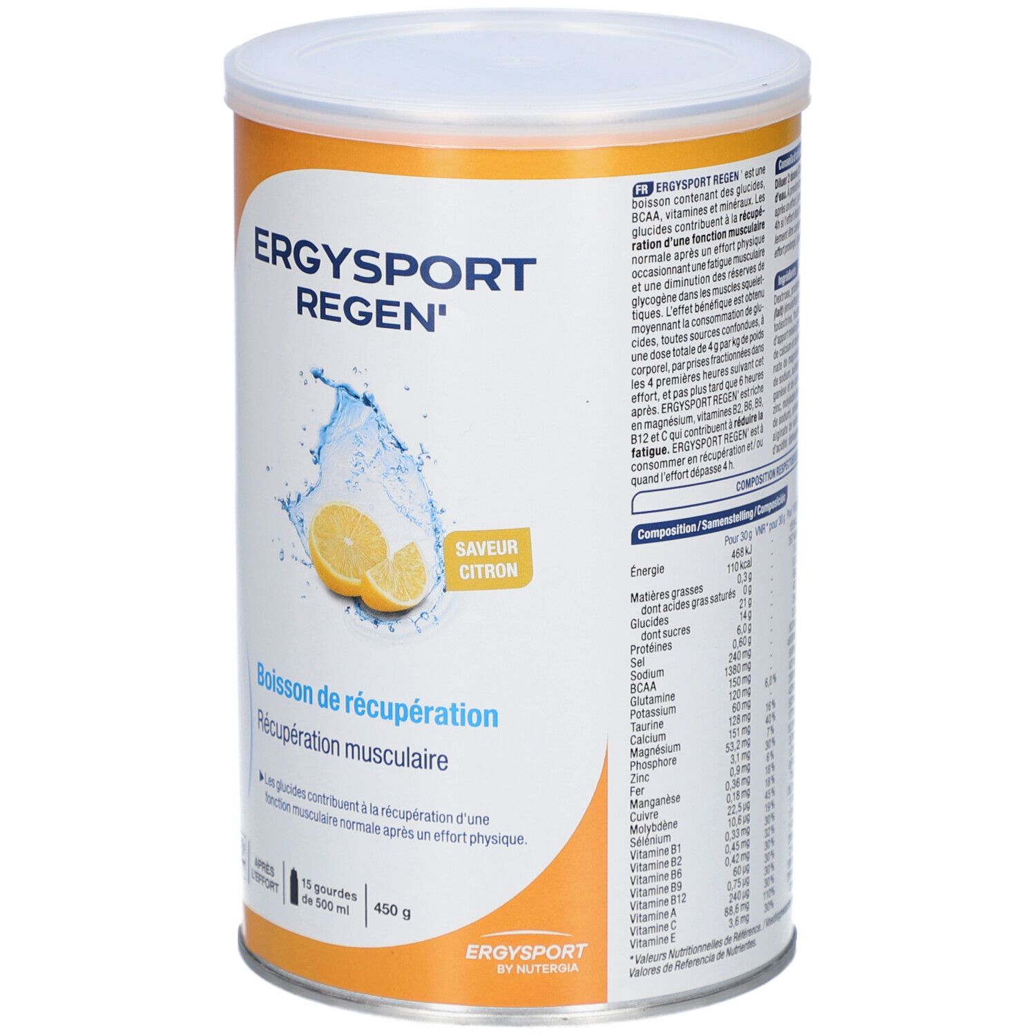 Zylindrische Dose mit weißem Deckel. Aufschrift: ERGYSPORT REGEN', Zitrone-Geschmack. Abbildung: Zitrone und Wasser.