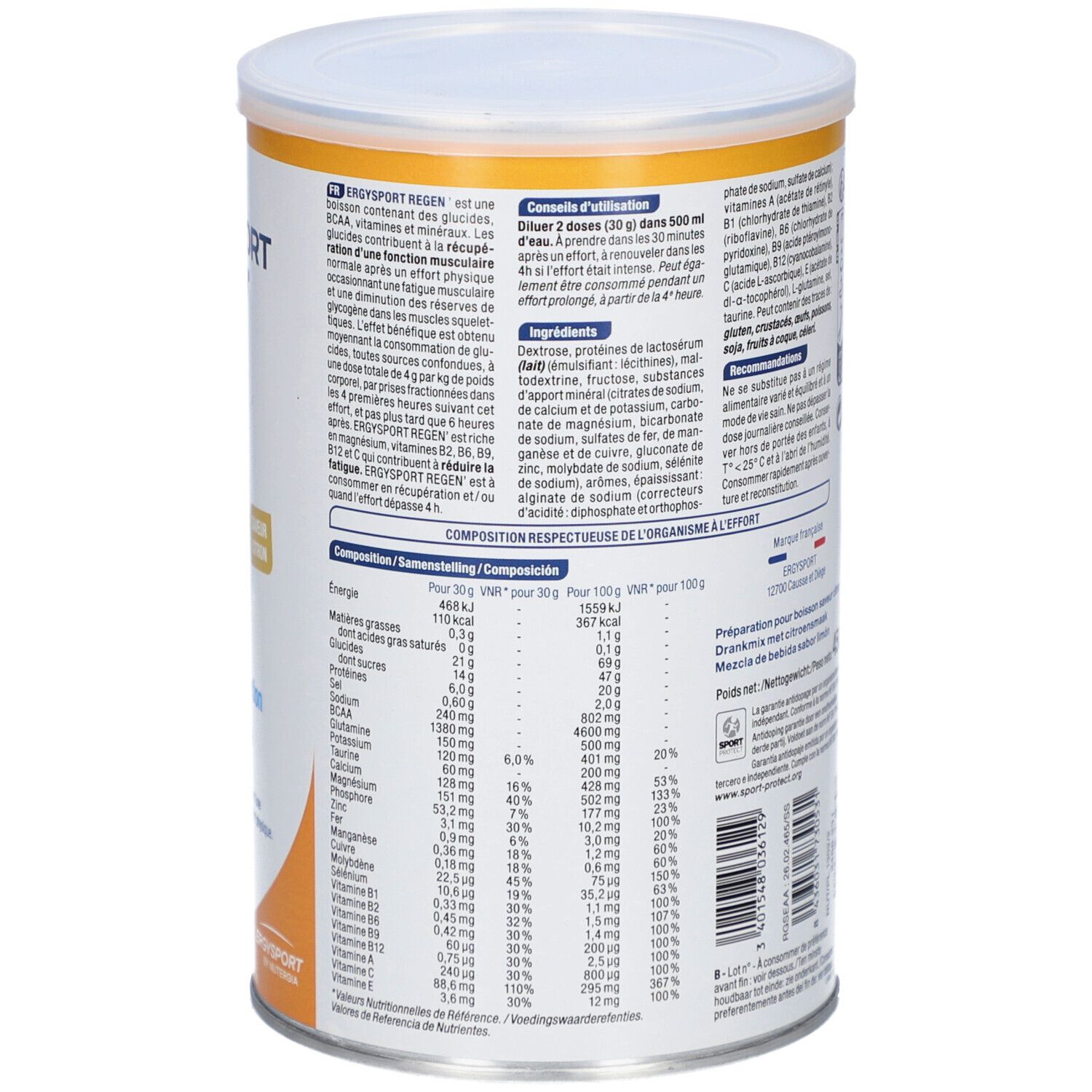 Rückseite der Dose. Text in mehreren Sprachen. Enthält Informationen zu Inhaltsstoffen und Gebrauchsanweisung.